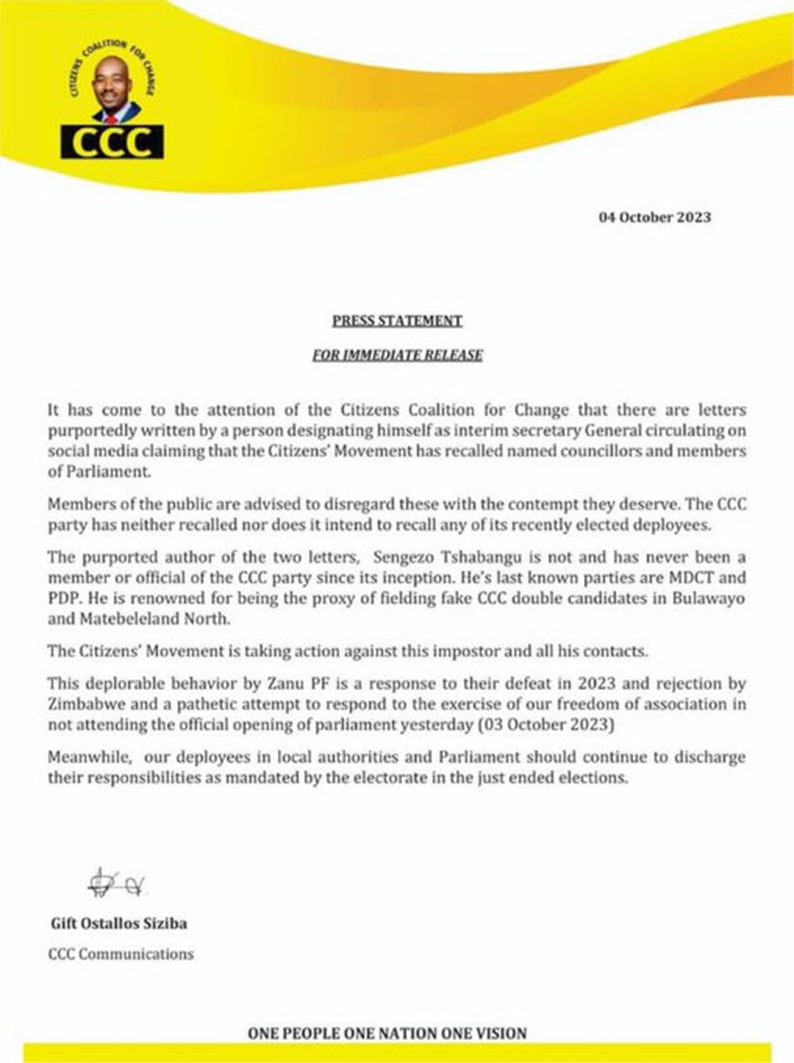 CCC DENOUNCES FAKE LETTER IN ZIMBABWE POLITICAL DRAMA